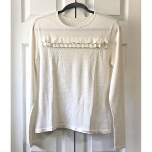 Brooks Brothers White Textured Ruffle Trim Sweater Womens Medium Long Sleeve Kni